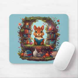 Mousepad Esquilo Lendo Em Uma Prateleira De Livros Antigos