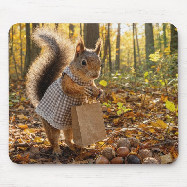 Mousepad Esquilo Menina Comprando Nozes nos Bosques de Outo (Frente)