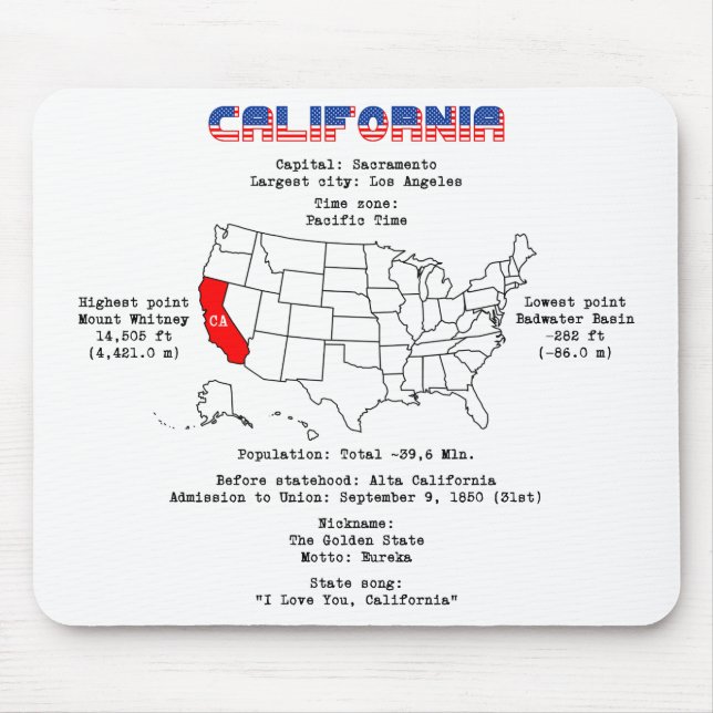 Mousepad Estado Americano da Califórnia em um mapa e inform (Frente)