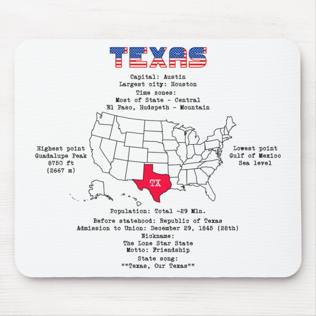 Mousepad Estado do Texas americano em um mapa e informações (Frente)