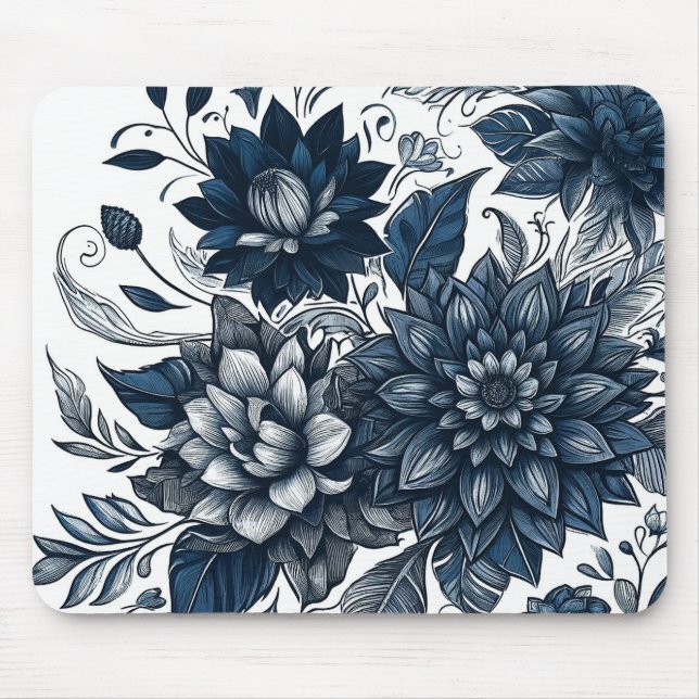 Mousepad Estampa Floral Boêmia Azul e Branco (Frente)
