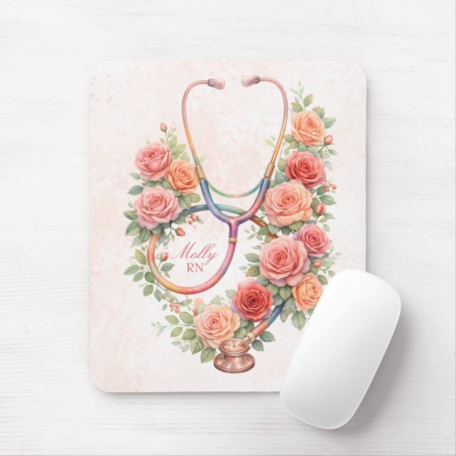 Mousepad Estetoscópio Rosa Floral Personalizado  (Com mouse)
