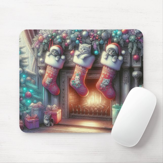 Mousepad Estocagem De Natal Em Aquarela Com Gatinhos (Com mouse)