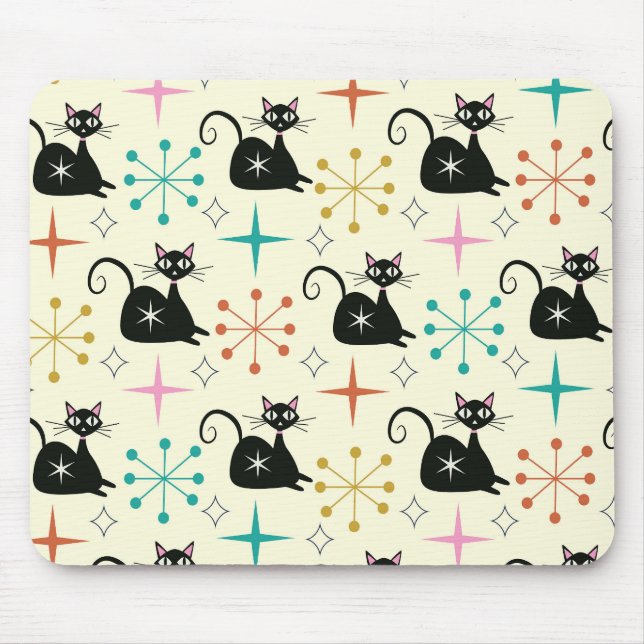 Mousepad Estrelas do Meio do Século com Gato Atômico Preto (Frente)