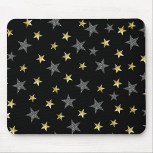 Mousepad Estrelas Prateadas e Douradas Glamour Estrela Negr