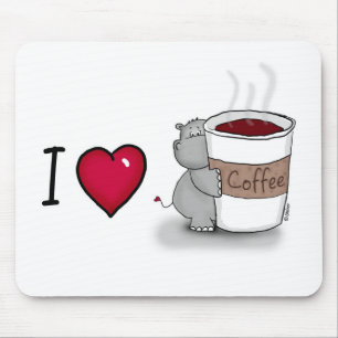 Mousepad Eu amo o café - hipopótamo com uma chávena de c