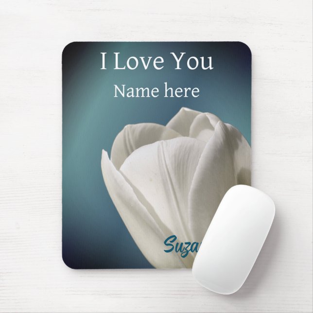Mousepad Eu Amo Você Flor De Tulipas Brancas Personalizado (Com mouse)