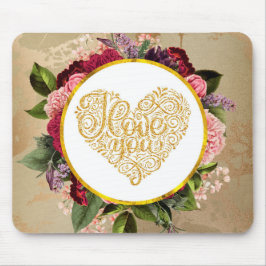 Mousepad Eu Amo Você Ouro Coração Rico com Quadro Floral