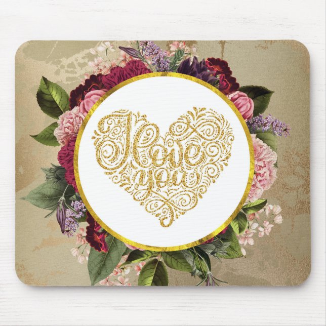 Mousepad Eu Amo Você Ouro Coração Rico com Quadro Floral (Frente)