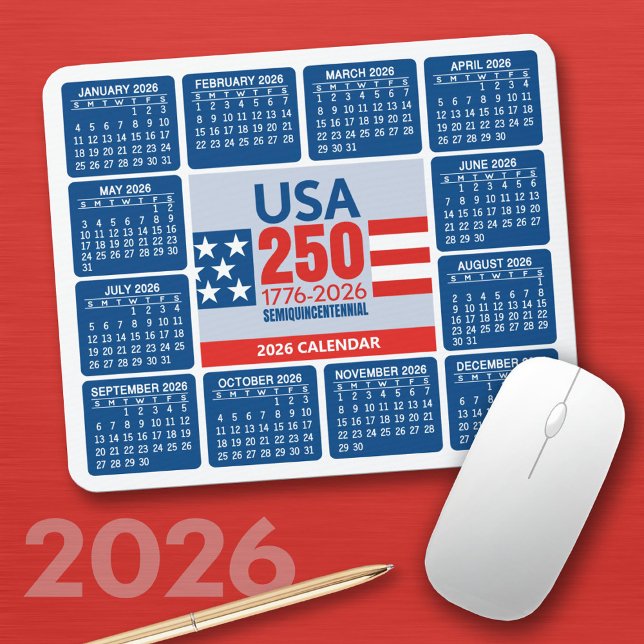 Mousepad EUA 250 com Calendário de 2026 - Vermelho Branco A (2026 Calendar on a Mousepad)