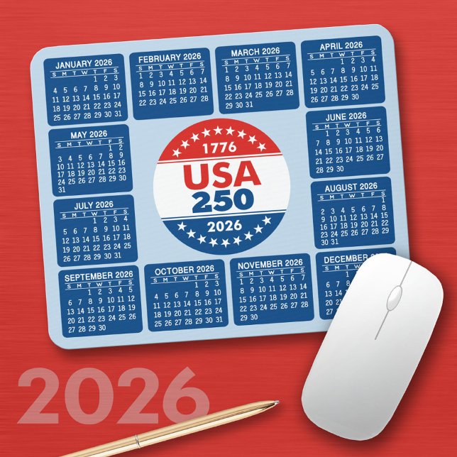 Mousepad EUA 250 com Calendário de 2026 - Vermelho Branco A (2026 Calendar on a Mousepad)