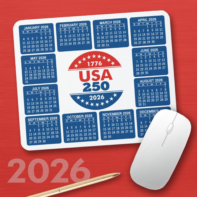 Mousepad EUA 250 com Calendário de 2026 - Vermelho Branco A (2026 Calendar on a Mousepad)