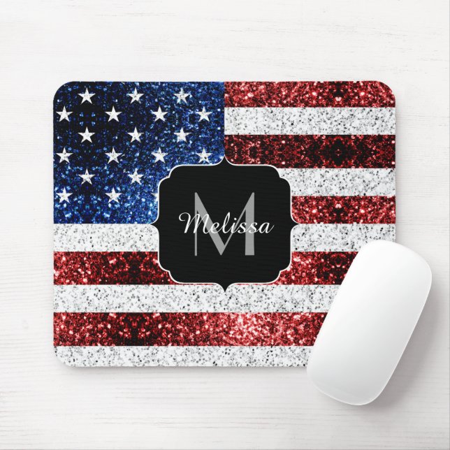 Mousepad EUA bandeira vermelho azul brilha brilho monograma (Com mouse)