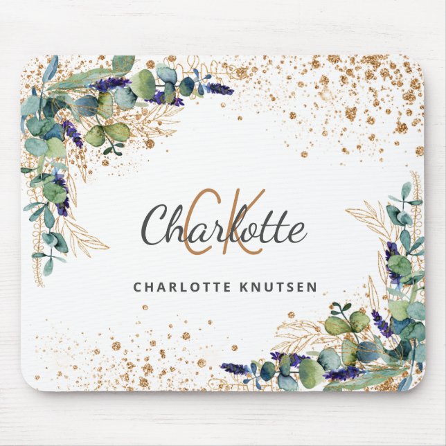 Mousepad Eucalyptus greenery gold glitter nome monograma (Frente)