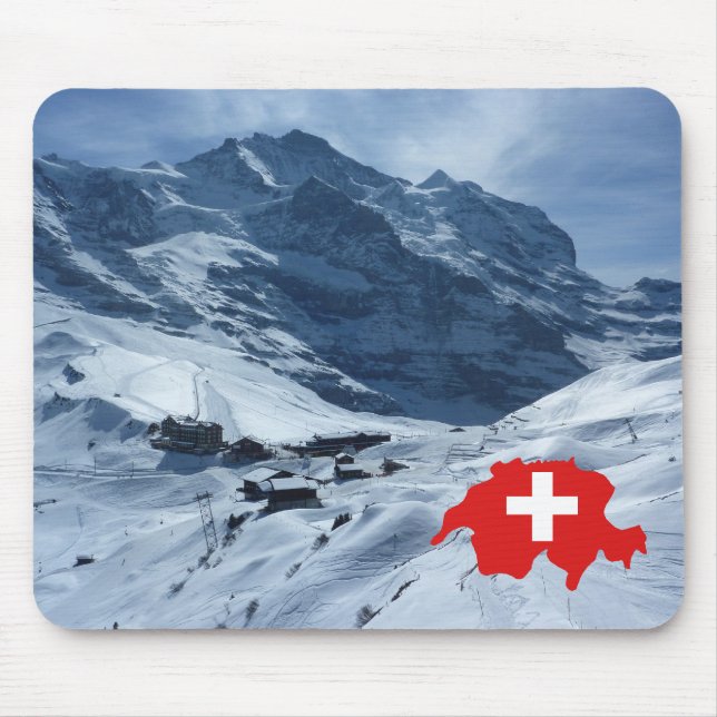Mousepad Explore a suiça, cena suíça, mapa com bandeira (Frente)