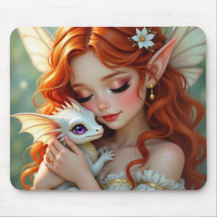 Mousepad Fada Bonita de Cabelo Vermelho com Dragão