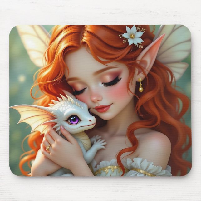 Mousepad Fada Bonita de Cabelo Vermelho com Dragão (Frente)