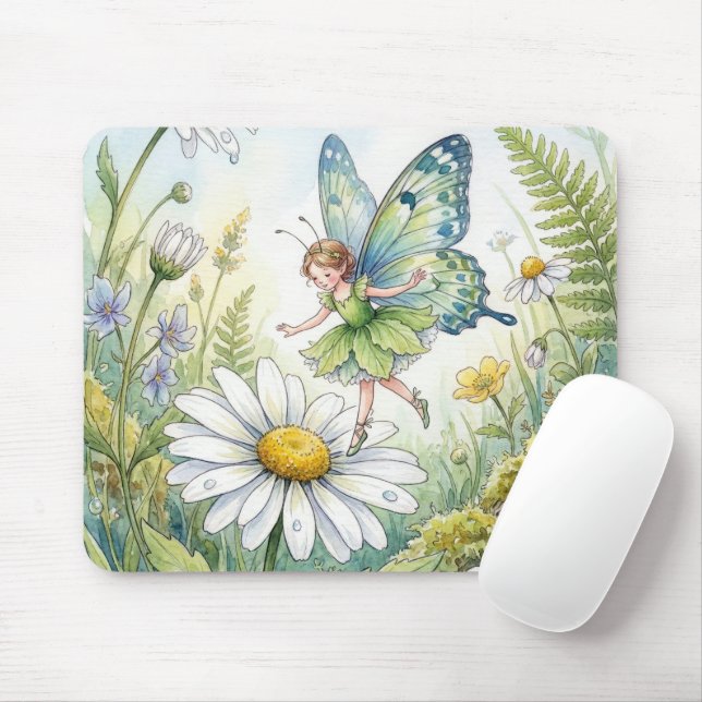 Mousepad Fada Borboleta em um Jardim de Margaridas (Com mouse)