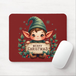 Mousepad Fada de Natal Fofo Segurando Placa Alegre Vermelha