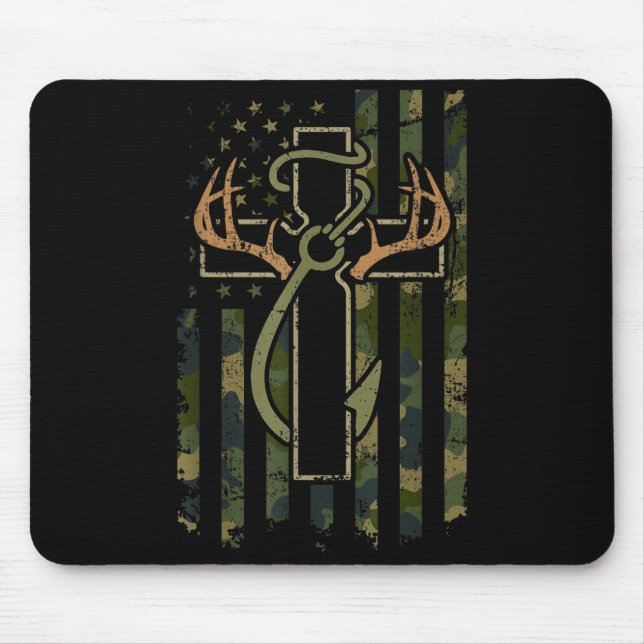 Mousepad Faith Fishing Hunting Camo Us Flag Cross With Hook (Frente)
