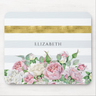Mousepad Faixa Dourada FAUX Elegante com Rosas e Nome Rosa