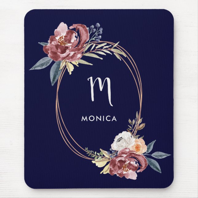 Mousepad Fall Burgundy Floral e Rosa Dourado| Monograma Mar (Frente)