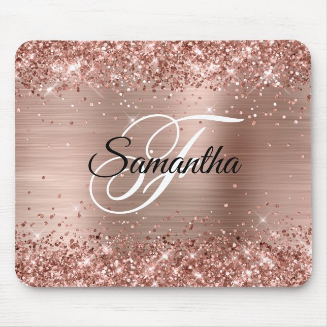 Mousepad Falso Glitter Monograma em Folha de Ouro Rosa Bril (Frente)