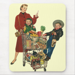 Mousepad Família Retro, Mãe e Crianças Carrinho de Compras