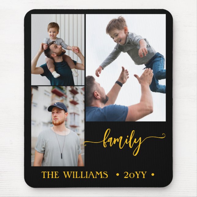 Mousepad family 3 photo collage black gold script magnet (Frente)