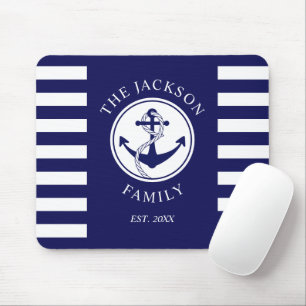 Mousepad Family Name Nautical Anchor Blue Stripes Pattern