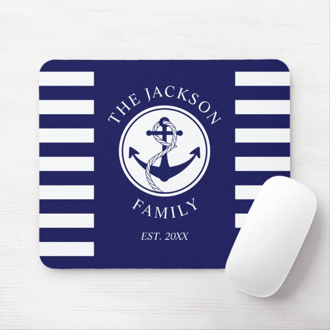 Mousepad Family Name Nautical Anchor Blue Stripes Pattern (Com mouse)