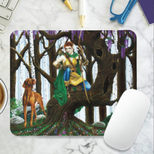 Mousepad Fantasia Elfa Arqueira Cachorro Vizsla Floresta En