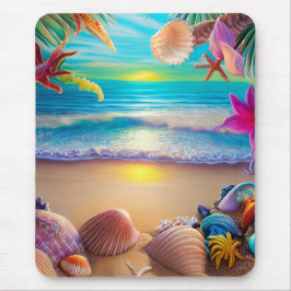 Mousepad Fantasia mística de pôr do sol de praia com flor t