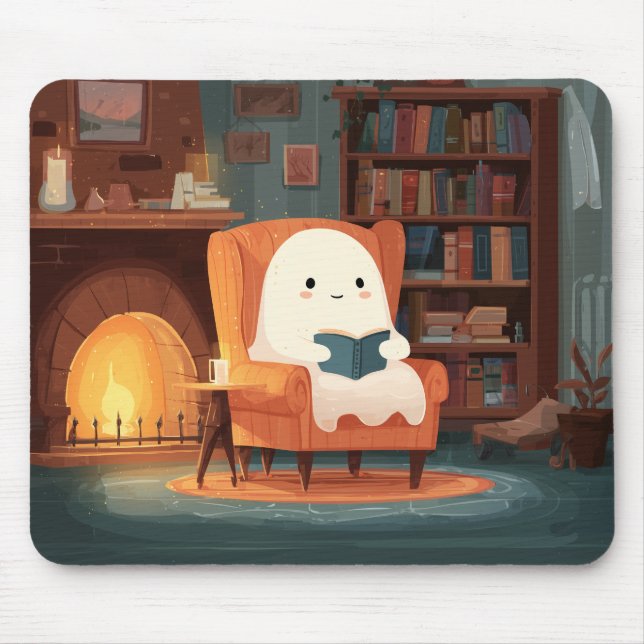 Mousepad Fantasma Bonito Lendo Por Uma Lareira Cozy - Mouse (Frente)