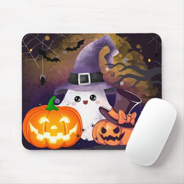 Mousepad Fantasma de Halloween Fofo com Chapéu de Bruxa e A (Com mouse)