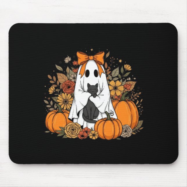 Mousepad Fantasma de Halloween segurando gato preto floral  (Frente)