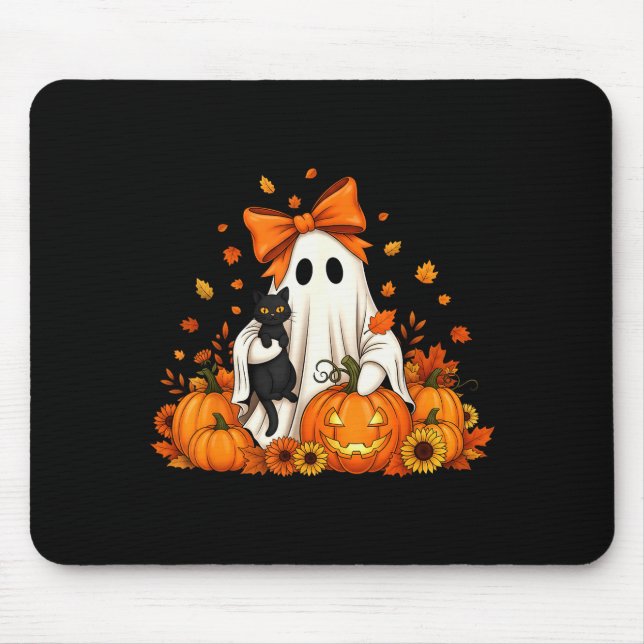 Mousepad Fantasma de Halloween Vintage segurando gato preto (Frente)