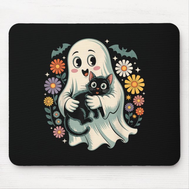 Mousepad Fantasma Floral Groovy Segurando Gato Preto Hallow (Frente)