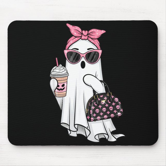 Mousepad Fantasma Fofo Bebendo Café Halloween Fantasma Gelo (Frente)
