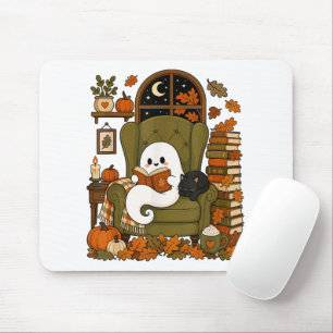Mousepad Fantasma Fofo Lendo Livro Gato Preto Outono Abóbor