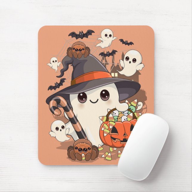 Mousepad Fantasma Kawaii de Halloween Fofo (Com mouse)