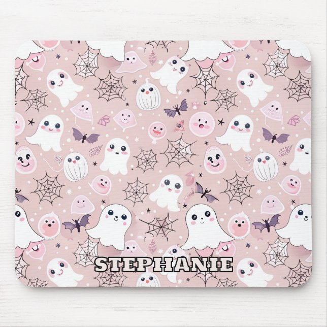Mousepad Fantasmas Rosa e Elementos do Dia das Bruxas Sem F (Frente)