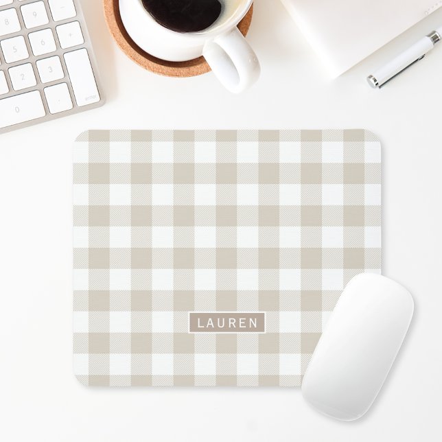 Mousepad Farmhouse Bege Buffalo Xadrez Nome Personalizado (Criador carregado)