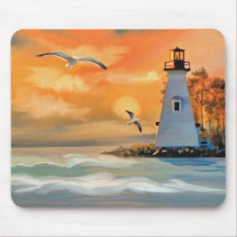 Mousepad Farol ao Pôr do Sol no Oceano e Gaivotas