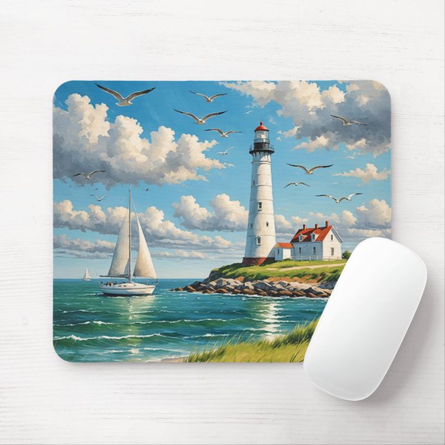 Mousepad Farol Branco Com Navio De Navegação (Com mouse)