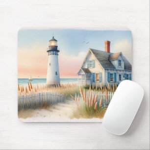 Mousepad Farol e Cena de Aquarela de Algodão