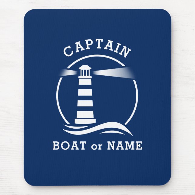 Mousepad Farol náutico Capitão e barco ou nome azul (Frente)