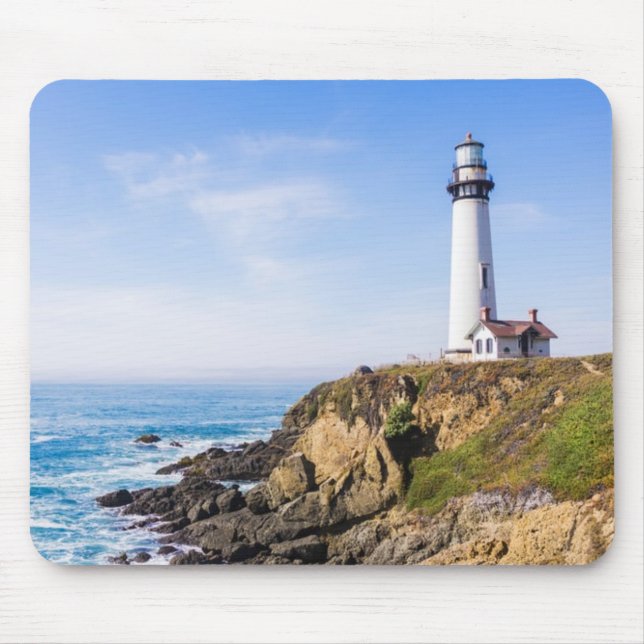 Mousepad Farol no oceano de casa branca azul-colina (Frente)