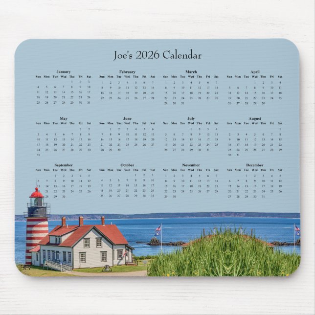 Mousepad Farol West Quoddy Head – Calendário 2026 (Frente)