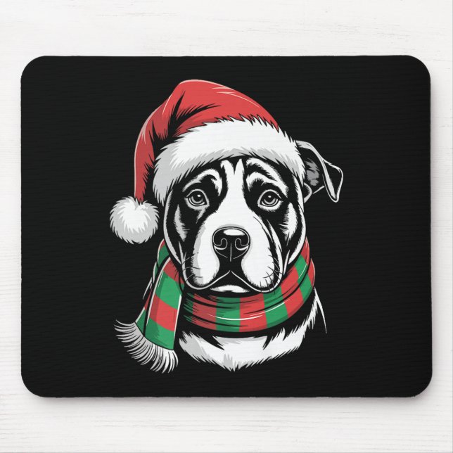 Mousepad Fato de Natal para Cão Pitbull com Chapéu e Cachec (Frente)